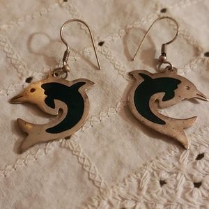 Vintage Mexican Alpaca Dolphin Dangle Earrings